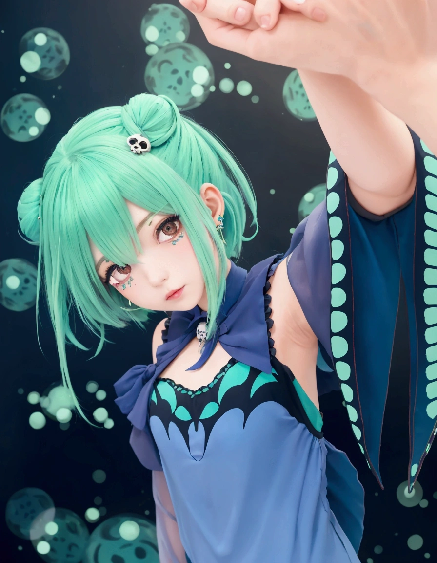 girl with green hair and blue dress holding hand, fine details. light background, orange eyes, girl with teal hair, twin bun, skull hairpin in bun, made with painter studio, mikudayo, pixiv contest winner, moe artstyle, artstyle, uruha rushia, hololive, vtuber, smooth armpit, smooth ear no earings,