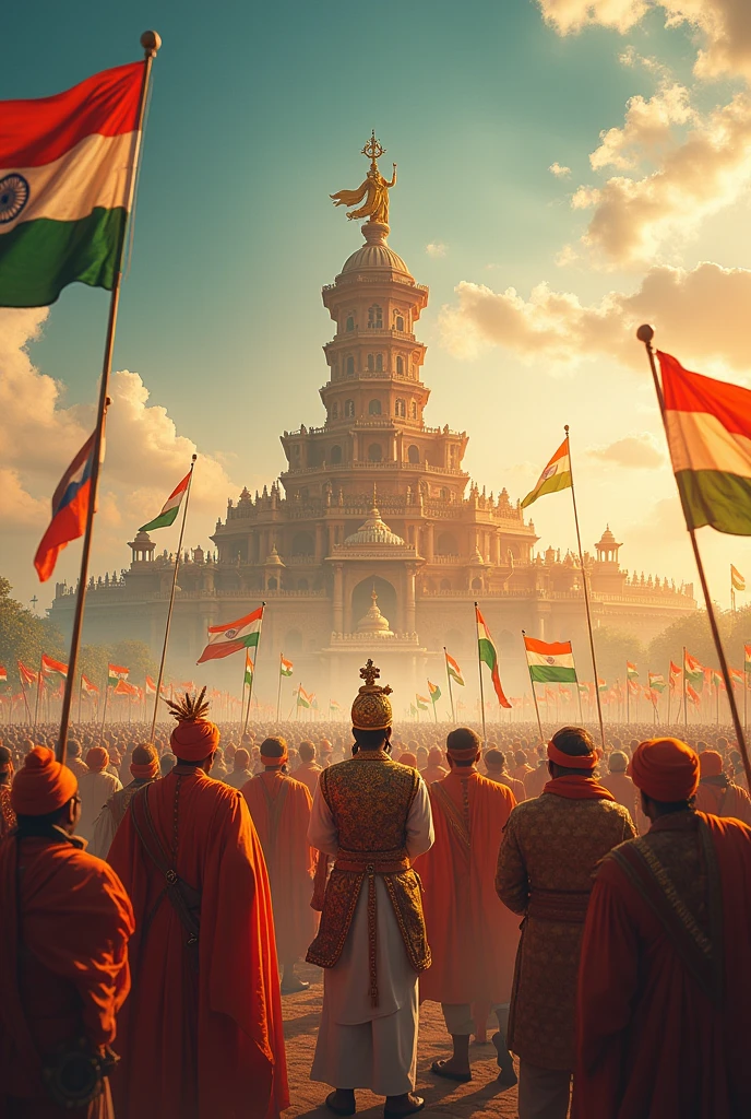 A magnificent photo for indian independence day having all freedom fighters, maharan pratap , maharaj ganga singh, in back ground depecting victory of hindu over british.bharat mata , akhand bharat.Hindu supresmacy