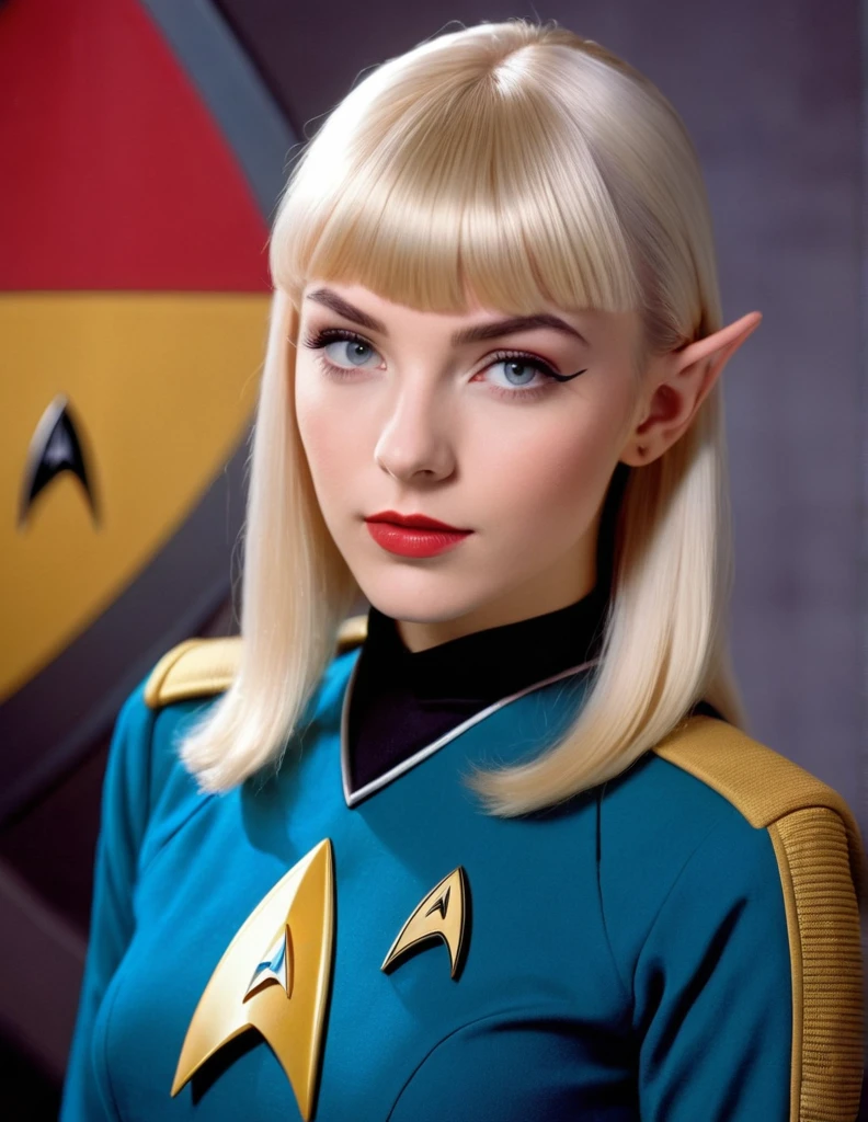 very attractive 25 year old girl with platinum blonde bob hair, with bangs, wearing star trek uniform fromthe next generation, pointed vulcan ears, photo quality