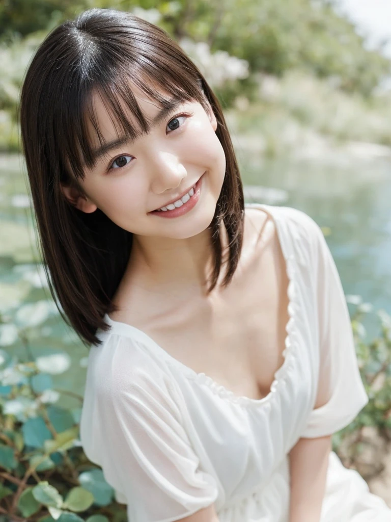 Beautiful Japanese Woman,thin beauty,Slender body,Full Body Shot,Front shot,Are standing,Head to toe photos,Front view,Looking into the camera, small,smallアンダーバスト,Small breasts,small,Put your hands down,Big breasts and small waist,Laughter,Looking into the camera,Round chin,Front face,Beautiful Eyes,Narrow eyes,Grey Eyes,short hair,A little brown hair, Beautiful thighs,Wear white sandals,Beach,sand Beach,big,vague,I see your white pants