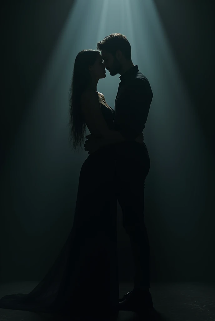 Shadow of silhouettes of man with long haired woman , you can&#39;t see their faces, in a dark room , both dressed in black