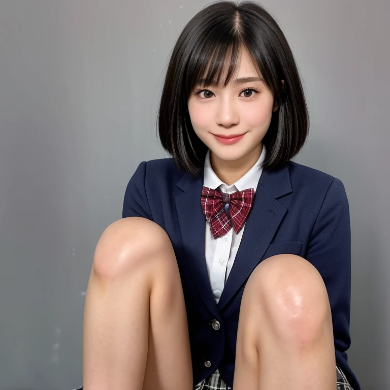 (kawaii 18 year-old Japanese girl is squatting on the floor, reaching two arms for one's knees, Nogizaka idol, Korean idol), healthy female athlete body, (glossy black hair, short hair, pixie cut, bangs:1.3), (rounded face, pure black eyes, single eyelid, no makeup, best smile:1.2), (wearing Japanese school uniforms, blazer jacket, collared shirt, bow tie:1.3), extra small breasts, (plaid skirt, bare thighs visible:1.3), BREAK, (simple grey background:1.3), (dynamic angle, cowboy shot, thigh focus:1.2), BREAK, (masterpiece, best quality, photo realistic, official art:1.4), (UHD, 8K quality wallpaper, high resolution, raw photo, golden ratio:1.3), (shiny skin), professional lighting, physically based rendering, award winning, (highly detailed skin, extremely detailed face and eyes, anatomically correct body), Carl Zeiss 85 mm F/1.4, depth of field, 1girl, solo,