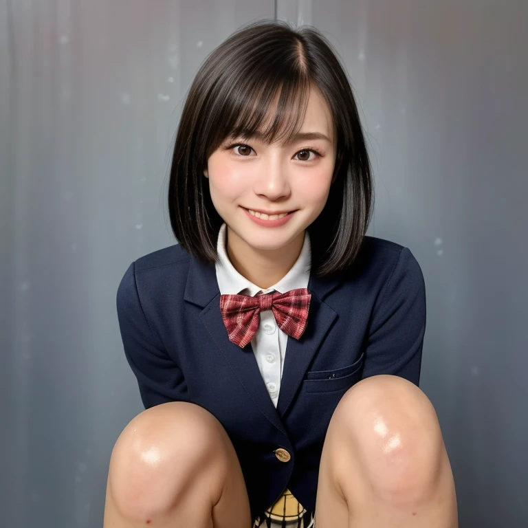 (kawaii 18 year-old Japanese girl is squatting on the floor, reaching two arms for one's knees, Nogizaka idol, Korean idol), healthy female athlete body, (glossy black hair, short hair, pixie cut, bangs:1.3), (rounded face, pure black eyes, single eyelid, no makeup, best smile:1.2), (wearing Japanese school uniforms, blazer jacket, collared shirt, bow tie:1.3), extra small breasts, (plaid skirt, bare thighs visible:1.3), BREAK, (simple grey background:1.3), (dynamic angle, cowboy shot, thigh focus:1.2), BREAK, (masterpiece, best quality, photo realistic, official art:1.4), (UHD, 8K quality wallpaper, high resolution, raw photo, golden ratio:1.3), (shiny skin), professional lighting, physically based rendering, award winning, (highly detailed skin, extremely detailed face and eyes, anatomically correct body), Carl Zeiss 85 mm F/1.4, depth of field, 1girl, solo,
