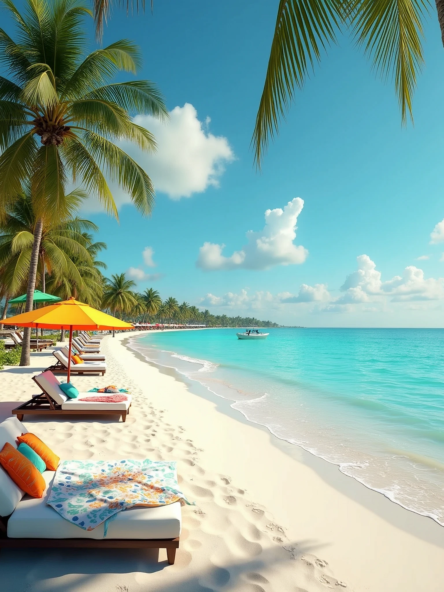 Caribbean beach with fine white sand and beach umbrellas with sunbeds. Palm trees in the background