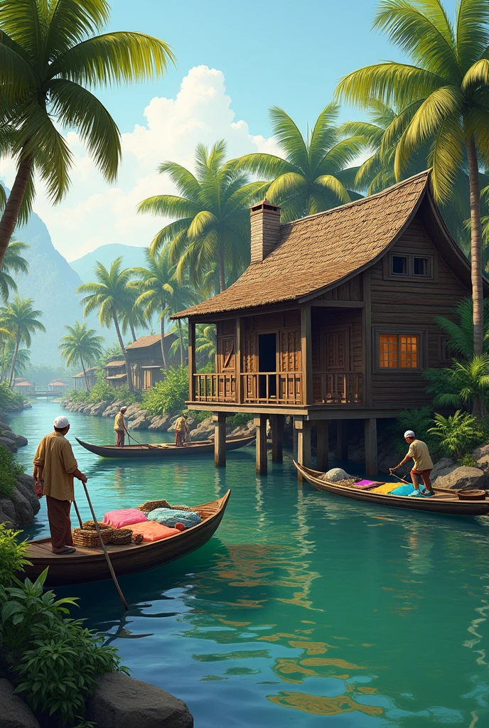 a small Brazilian indigenous city built on water , straw and wattle house, small community gardens and fishing spots