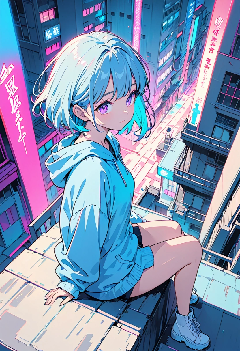 masterpiece,Highest quality,1 Synthwave style girl,Blue outline,Neon lit street,Blue fluorescent paint,alone,From above,Cowboy Shot,Sitting on the roof of a building,Highly detailed CG,Flat Color,Limited edition palette,No Line Art,silhouette,Partially colored,Alternative color,Dynamic Angle,Blue long top champagne,Purple Shadow,Synthwave,chromatic aberration,(alone focus),Perfect Shadow,Wearing a light blue hoodie,Delicate face,,Beautiful and delicate eyes,Light blue hair,Short Bob Hair,Delicate background,Blue Neon Light,Around 15 years old,