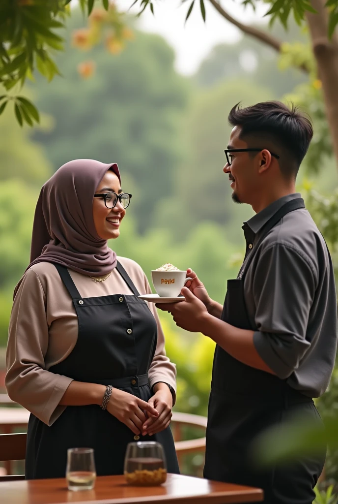 Image mode landscape, ((wide)), created a beautiful woman hijab ((headscarf behind neck)) with a fat body, glasses, slightly overweight, medium breasts, Malay face. Barista shirt, standing on the side with the barista man 29 year, glasses, Them was a restaurant waiter who delivered a cup of warm coffee, The cup making word Gold inscription "payid", the background is outdoor village cafe. Facing camera, the image is very detailed, super HD