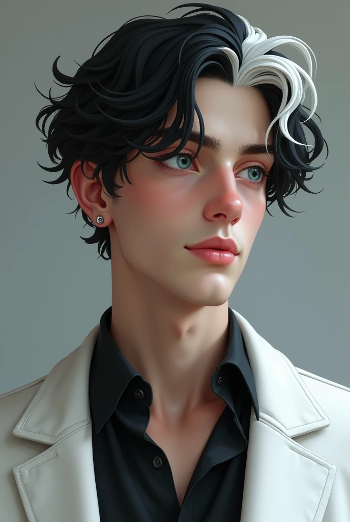 European Italian
19 year old boy with pale white skin, blue eyes, black hair with a lock of white hair, serene and calm look, wearing a white jacket with a black shirt