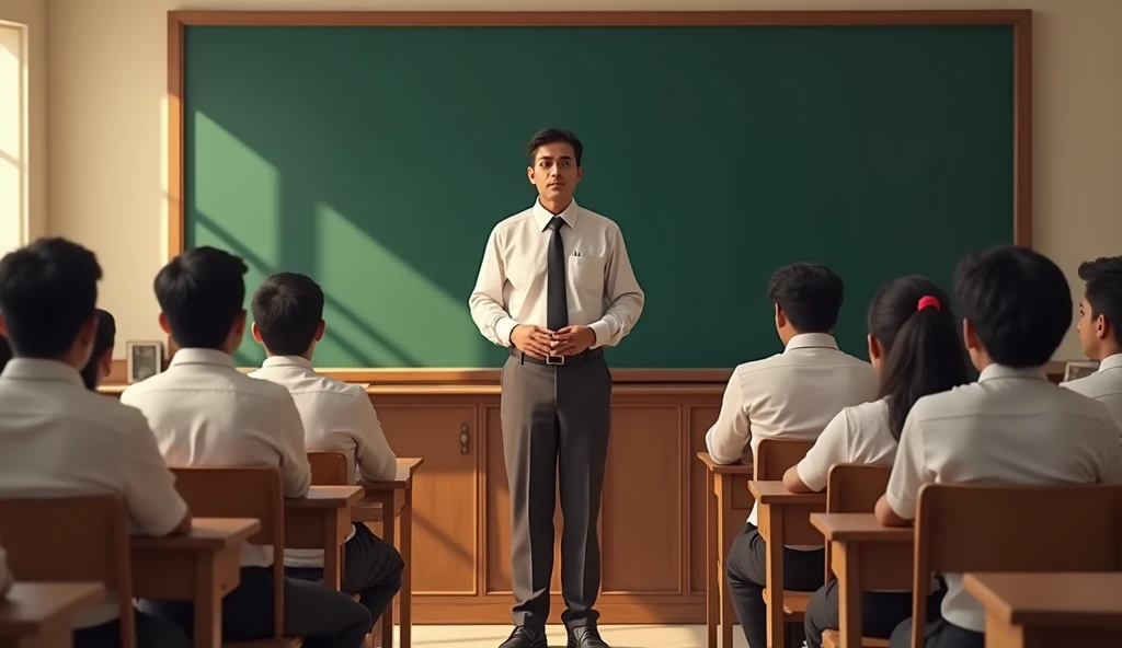 A teacher who is teaching 20-22 year old students, in Indian environment. "The classroom environment is like a traditional Indian school, with blackboard, wooden desks, and students in traditional Indian school uniforms."