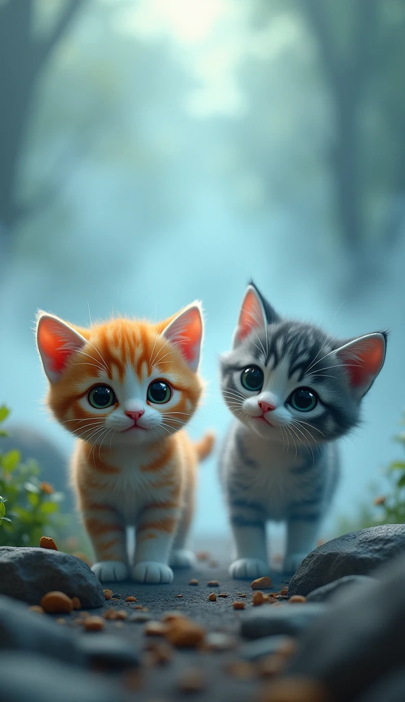 (0815) Today's 3D Pixar-style Art:Close up of Kittens Lost in the Mysterious Fog