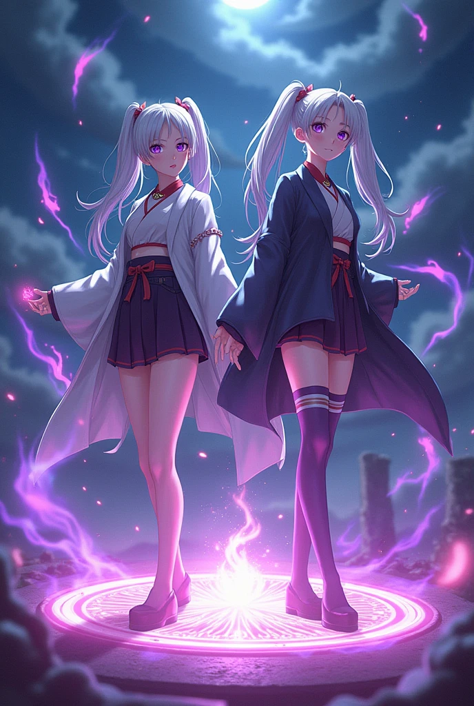 2girl, japanese clothes, ponytail ,white hair, purple eyes, magic circle, purple fire, blue flames, wallpaper, landscape, blood, blood splatter, depth of field, night, light particles, light rays, sidelighting, thighs, fate \(series\), genshin impact, ****, open jacket, short skirt, thighhighs, cloud, naughty meme