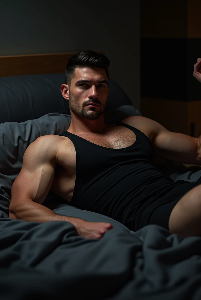 A man in black trunk underwear in bed room and were only black tank top under vest in day and were black tank top under vest