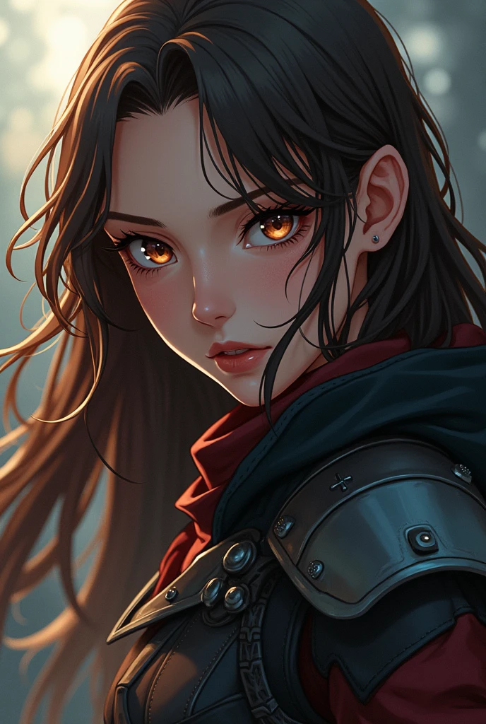 Size 1242x2688 pixels，Anime & Western Comics Series。a long-haired brown-haired female warrior wallpaper，Eyes-killing power，Original style，Cinematic Lighting。Portrait，Ultra High Definition 4k8k，webp film photography style, film photography, cyberpunk style