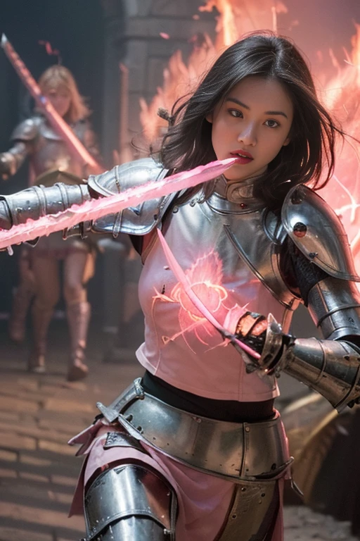 Urzan-6500-v1.1, (RAW Photos:1.2), (Realistic:1.4), Beautiful details, Very detailed eyes and face, Beautiful details, Ridiculous, incredibly Ridiculous, Large file size, Very detailed, High resolution, Very detailed, (Apply dark red lipstick to your lips:1.2), Highest quality, masterpiece, (Daytime), Kemomimi, ((Beautiful Japanese Woman)), (Knight in armor:1.4), (Part of the armor is a shining green and gold.：1.4), shape, Very detailed, CG, Unified, 8k wallpaper, wonderful, Finer details, masterpiece, Highest quality, Very detailed 8k wallpaper, Light on the face, Cinema Lighting, (Short haircut), ((running:1.8)), ((Three female knights in armor:1.5)), (In the old medieval European city:1.7), (The town is on fire:1.5), ((Holding a sword:1.4)), ((The sword is enveloped in pink flames.:1.4)), The woman's clothes were partially torn and she was injured., 24-years-old, (Ample :1.5)、(Big :1.4)、((Accentuate your cleavage:1.9)), ((There is no armour on the :1.5)), (glamorous:1.3), (Muscular body:1.4), (Tight waist:1.3), (from the front:1.4), Long Hair, Slightly brown hair color, (Don't look at the camera:1.4), (Screaming facial expression), (:1.2), Upper body from the knee up