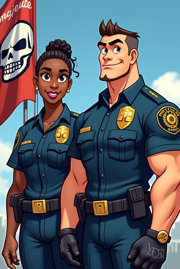 Create two muscular police officers in Disney animation style, One shorter and darker, the other taller and white. (Both without beards , SMOOTH FACE) Write on a flag next to the skull symbol of the BOPE (Elite squad): my time is now
