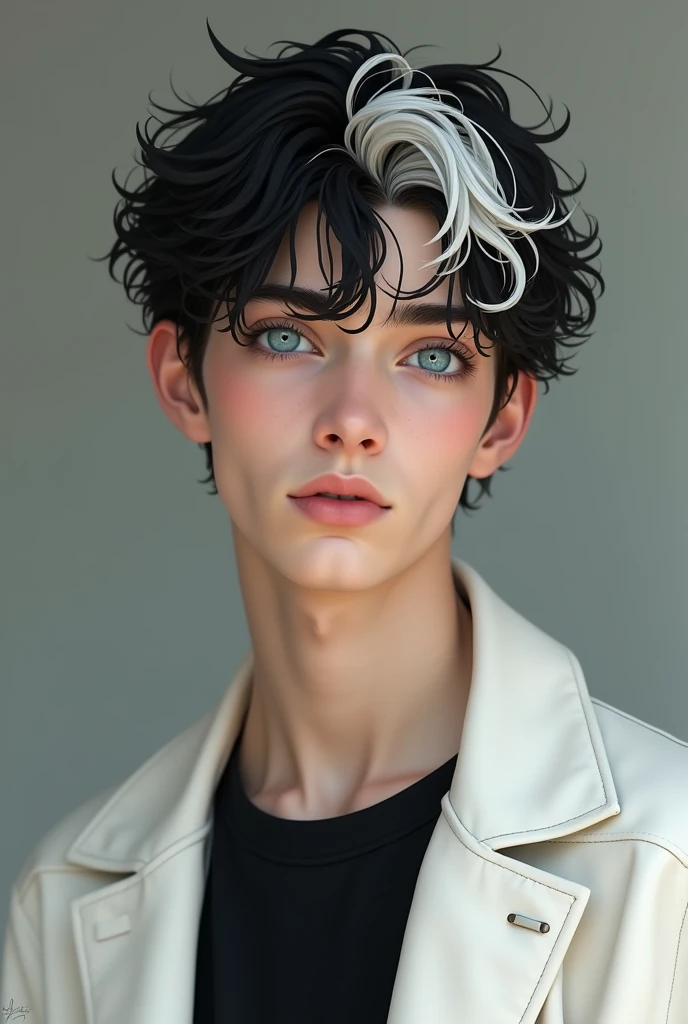 European Italian 
19 year old boy with pale white skin, blue eyes, black hair with a lock of white hair, serene and calm look, wearing a white jacket with a black shirt
