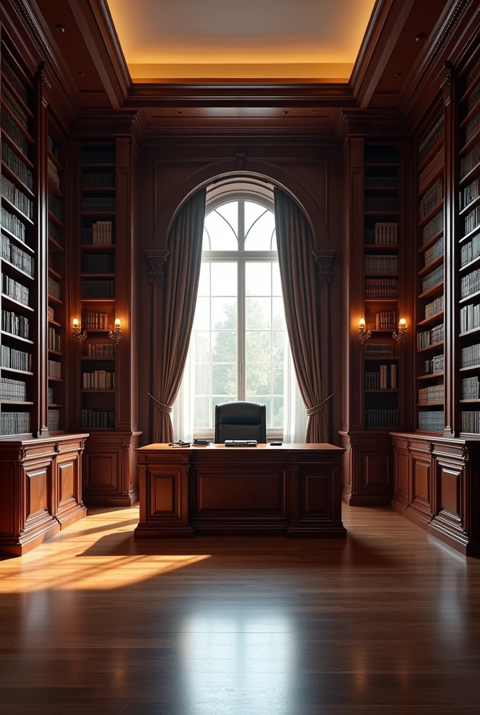 "Inside Mr. Sutton's office, the room is large and elegant, with a heavy wooden desk positioned in the center. Bookshelves line the walls, filled with various volumes. A large window allows light to stream in, casting shadows on the polished hardwood floor. The room has a prestigious, slightly old-fashioned feel."""Realista, cinematic, 8k
