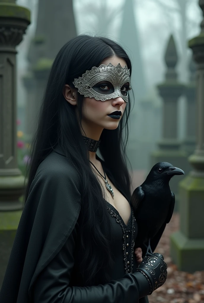 (Masterpiece:1), realistic, ((cinematic lighting)), official art, unity 8k wallpaper, ultra detailed crown mask, beautiful and aesthetic, High quality tool, beautiful, best quality, ((occult symbols)), esoteric, holy divination, fractal patterns, (a sister), a young 25 years old woman wearing a silver blind mask, big breast, (smile: 0.8), thin and slender, black long hair (black hair: 1.2), black lips, perfect hands, perfect fingers, straight hair, choker, (black clothes), armor, ((Cassock)), capelet, elbow gloves, a crow (a crow: 1.2), on side, full body (from below, dutch_angle: 1.1), dutch angle, gothic cemetery, horror, dark_fantasy.