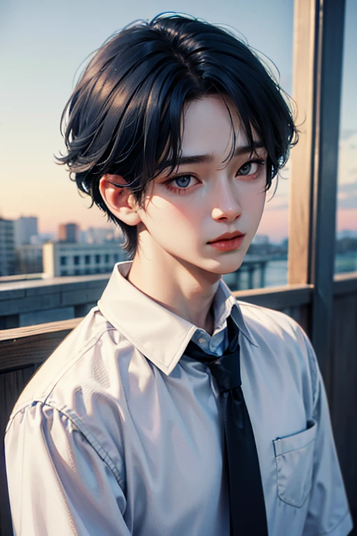 blue hair, White skin, 18 years old, super detail, masterpiece, 8k, korean, amazing, Idol, high quality, Refreshing, high quality, white shirt, black long tie, Beautiful androgynous man, 1 Boy, Refreshing, sky blue background, clear, studio lighting, Color cosmetics, cool, Photo Card, Sky Blue Studio, 