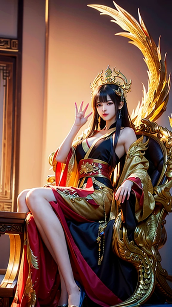 best quality,masterpiece,Ultra-high resolution,(photoactual:4：0),The Golden Palace,A beautiful Eastern Nine-Tailed Fox Empress,long hair shawl,Big breasts,thin waist,Wearing a black dragon and phoenix robe,Sitting on the Dragon Throne