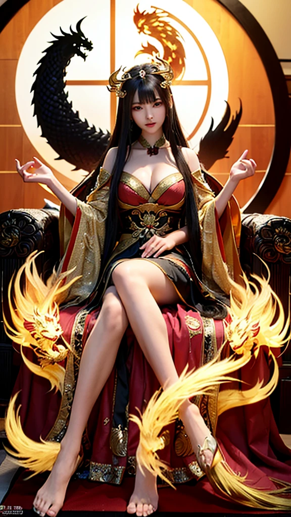 best quality,masterpiece,Ultra-high resolution,(photoactual:4:0),The Golden Palace,A beautiful Eastern Nine-Tailed Fox Empress,long hair shawl,Big breasts,thin waist,Wearing a black dragon and phoenix robe,Sitting on the Dragon Throne