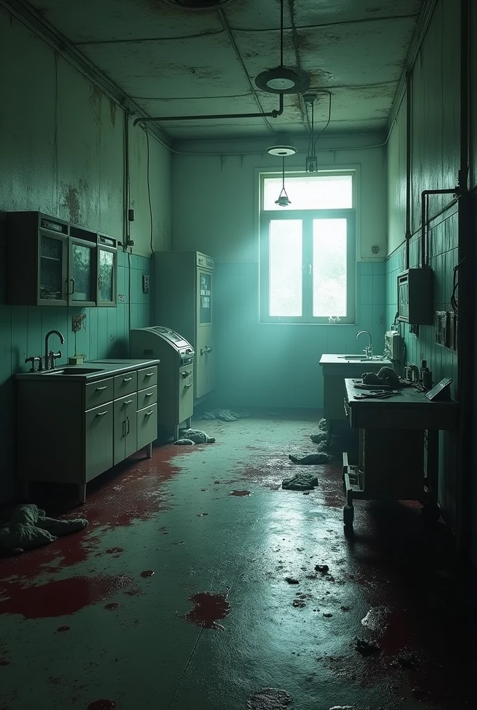 "Dark medical background, abandoned hospital, broken equipment, bloodstains, dim lighting, eerie atmosphere"