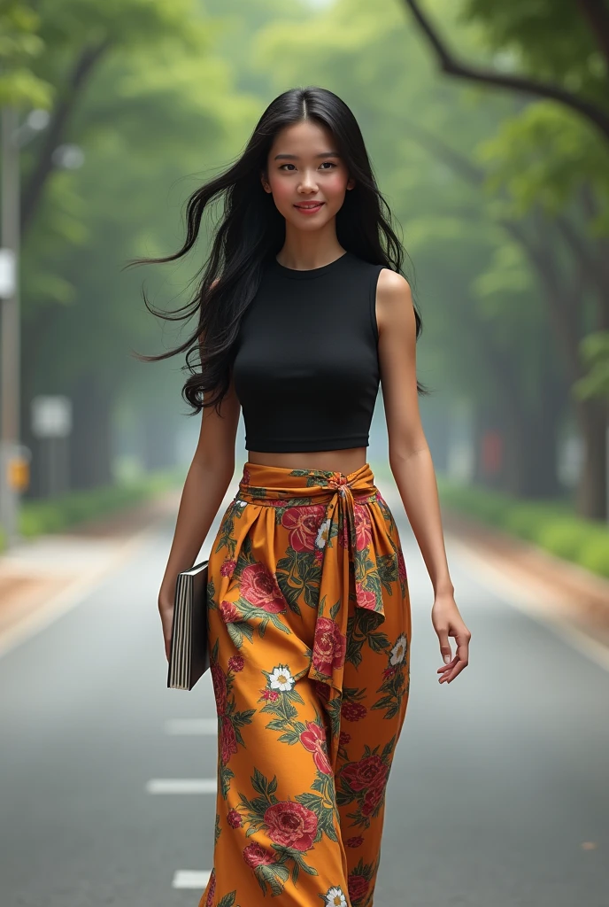 Create a realistic image of a young woman walking confidently on a street lined with trees. She has long, flowing black hair and is wearing a stylish outfit: a black sleeveless top paired with a vibrant, floral-patterned longyi (traditional Myanmar skirt). The woman is holding a book in one hand, and she has a gentle, serene smile on her face. The background should be slightly blurred to focus on her, with the soft lighting of an overcast day, giving a calm and peaceful atmosphere. The overall style should be highly detailed and photorealistic, capturing the elegance and grace of the young woman in a modern, yet traditional setting.