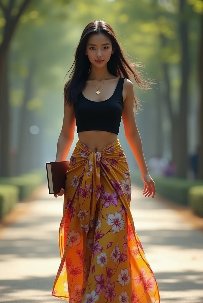 Create a realistic image of a young woman walking confidently on a street lined with trees. She has long, flowing black hair and is wearing a stylish outfit: a black sleeveless top paired with a vibrant, floral-patterned longyi (traditional Myanmar skirt). The woman is holding a book in one hand, and she has a gentle, serene smile on her face. The background should be slightly blurred to focus on her, with the soft lighting of an overcast day, giving a calm and peaceful atmosphere. The overall style should be highly detailed and photorealistic, capturing the elegance and grace of the young woman in a modern, yet traditional setting.
