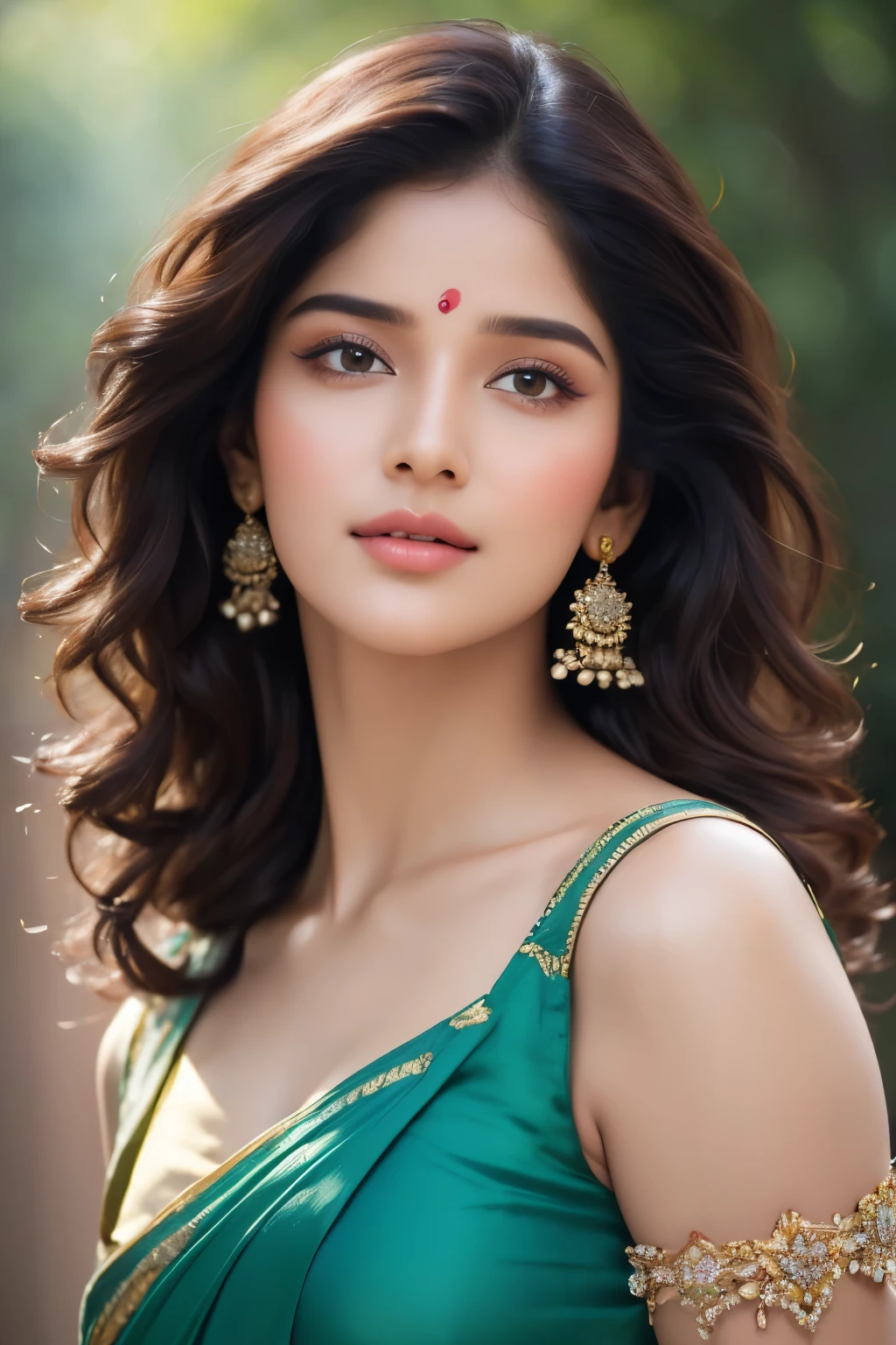score_9,score8_up,(majestic:1.5),(uhd:1.3)(best quality,highres,masterpiece:1.2),ultra-detailed,(realistic,photorealistic,photo-realistic:1.37),18-year-old girl's portrait, exotic and exquisite beauty, oil painting, detailed facial features, deep eyes, luscious lips, long eyelashes, porcelain-like complexion, flowing dark hair, delicate features, vibrant colors, intricate jewelry, traditional dress, graceful posture,(head to waist portrait:1.5), capturing the essence of Indian culture, natural lighting, mesmerizing gaze, enchanting atmosphere.,anikha,ruhani,