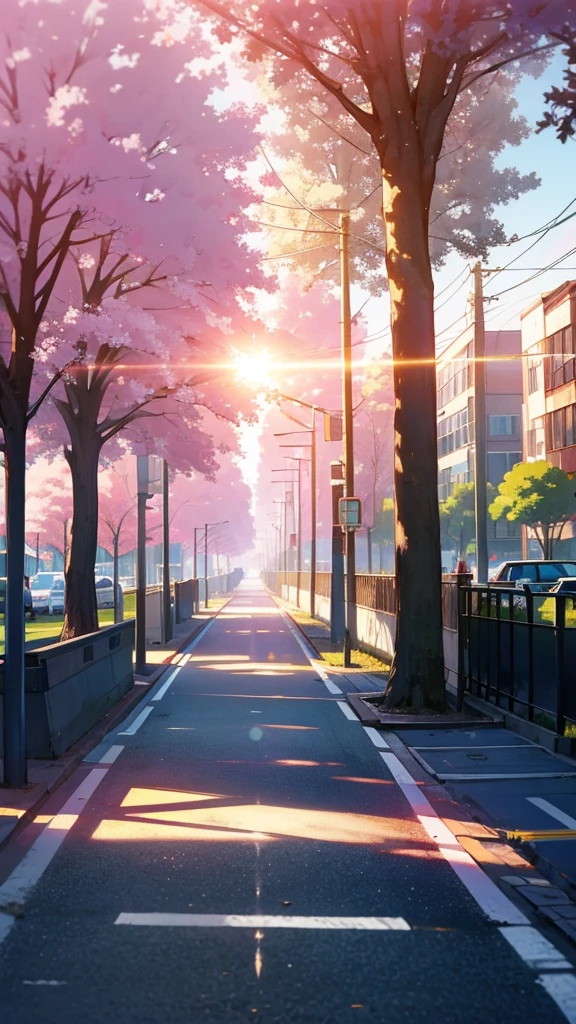 Anime city , with sunlight , bright white light , road , tree , shadow , details and sharp image . Beautiful with bubbles in the air 