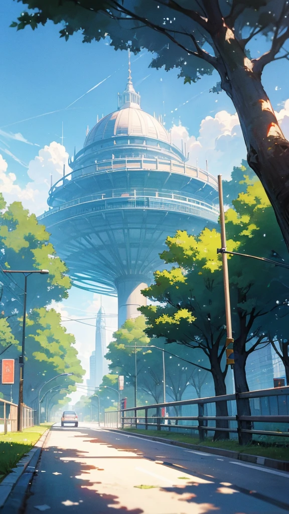 Anime city , with sunlight , bright white light , road , tree , shadow , details and sharp image . Beautiful with bubbles in the air