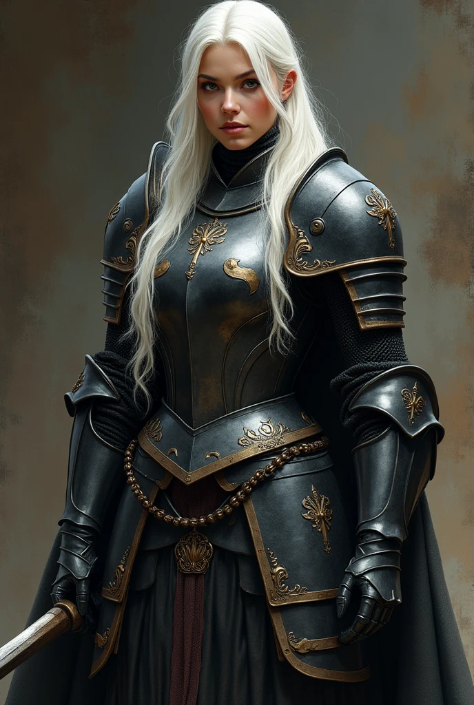 An adult woman with long white hair, clear skin ,honey-colored eyes and full black medieval armor while holding a saddle blanket