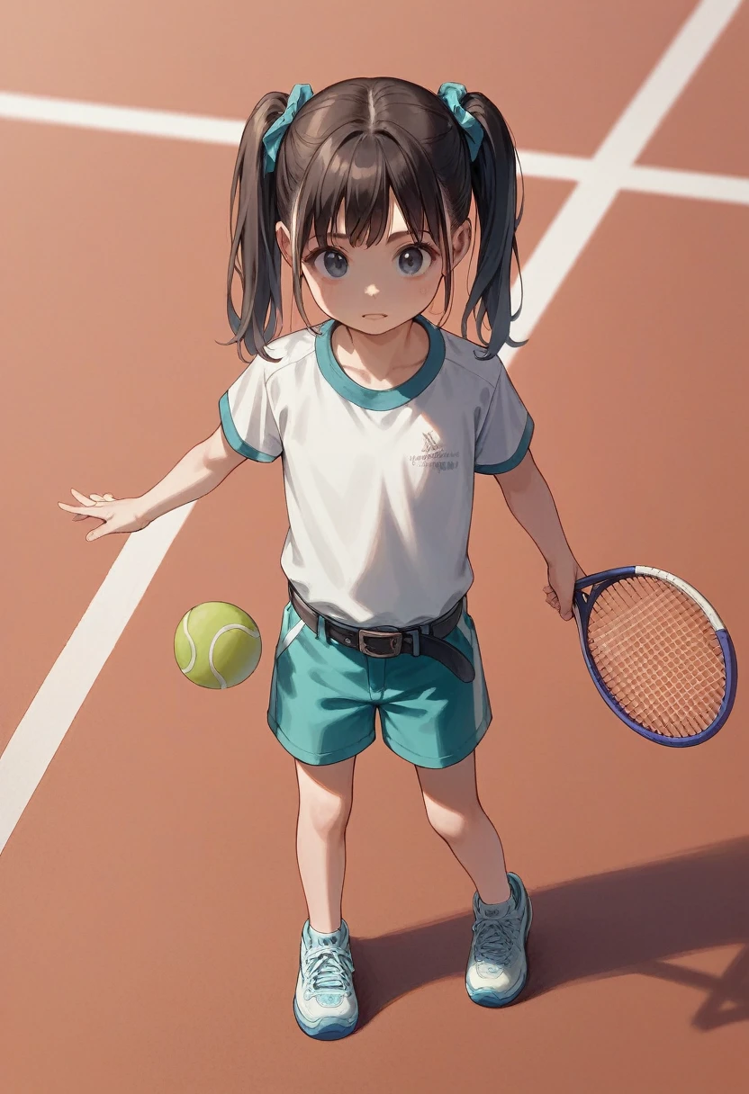 A girl with two high ponytails, Child, on a tennis court jumps to hit a ball, soft 3D render, casual style, jumps high, view from above, jump on the viewer, belt