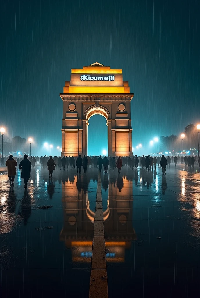 India gate night rain picture with huge croud