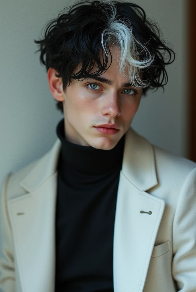 European Italian
19 year old boy with pale white skin, blue eyes, black hair with a lock of white hair, serene and calm look, wearing a white jacket with a black shirt