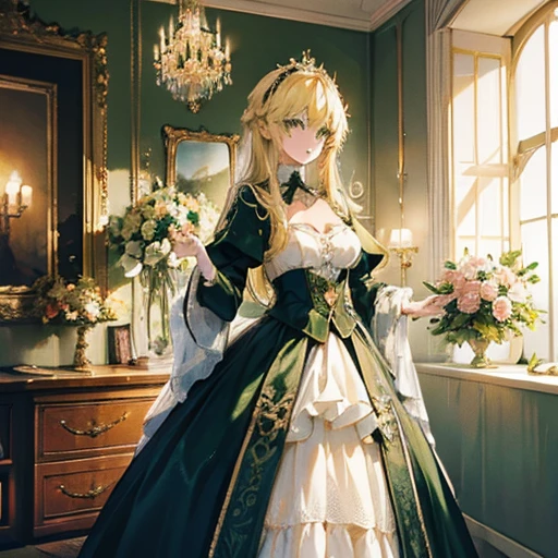 (high-res:1.2),German upper class,cool,beautiful,glamorous lady,(16-year-old) [ager],Blonde,(long hair:1.1),green eyes,(tsurime:1.1),The background is a private room in a mansion,(1939),
