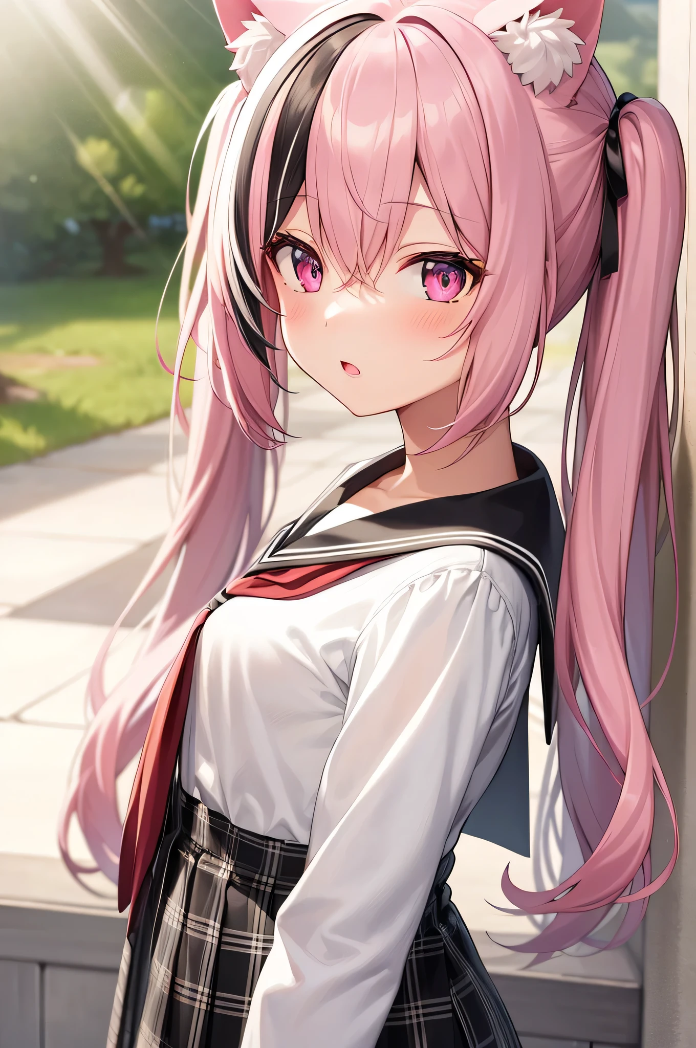 1girl, (upper body:1.3), cat girl, Cat ears, grey hair, streaked hair, pink hair, long hair, hair between eyes, twintails, sailor collar,
highly_detailed, extremely_detailed_CG_unity_8k_wallpaper, highres, absurdres, beautiful_detailed_eyes, finely_detailed_clothing, finely_detailed_light, highly_detail_hair_,
colorful, light rays, caustics, aistics, lens flare, bokeh, nsfw, flat-chested, pink eyes, White silk, JK Uniform Plaid Skirt, school uniform, Light pink mini skirt, blush,
score_anime, score_9, score_8_up, masterpiece, beautiful scenery, illustration