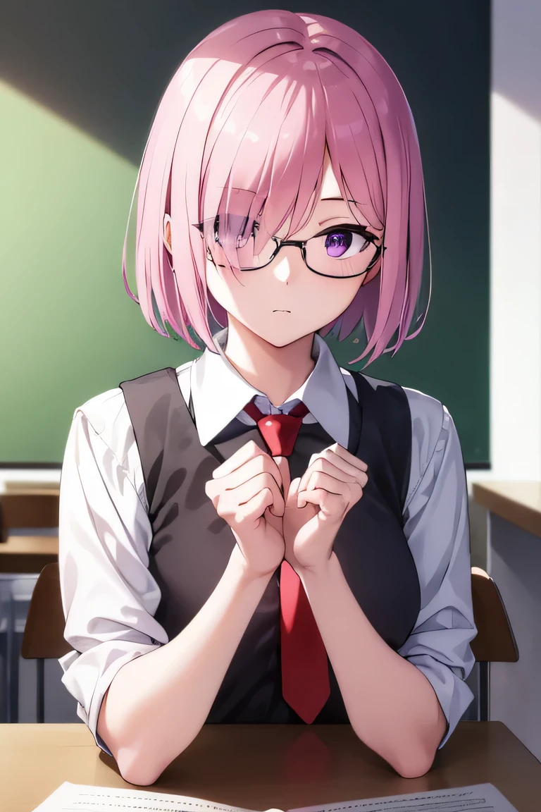 Mashkirielite, Mash Kyrielight, Glasses, Hair between the eyes, Hair on one eye, (Purple eyes:1.1), Pink Hair, short hair,
break hood, shirt, collared shirt, white collar, black shirt, tie, red tie, 
break looking at viewer,
break indoors, classroom,
break (masterpiece:1.2), Highest quality, High resolution, unity 8k wallpaper, (figure:0.8), (Beautiful attention to detail:1.6), Highly detailed face, Perfect lighting, Highly detailed CG, (Perfect hands, Perfect Anatomy),