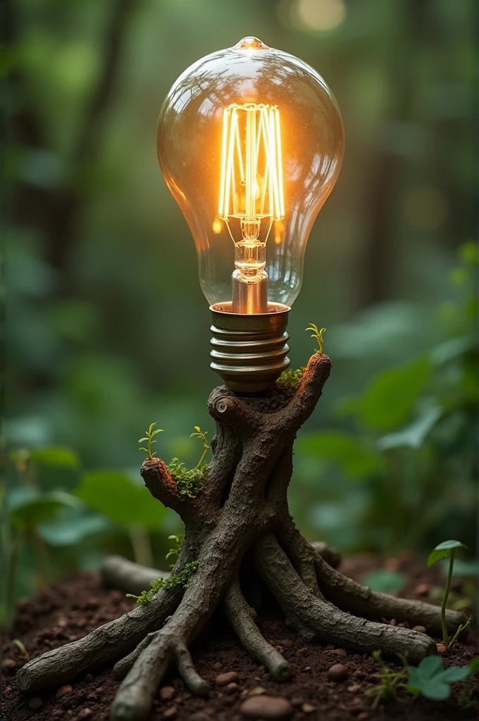 Une ampoule où le support est une racine d'arbre