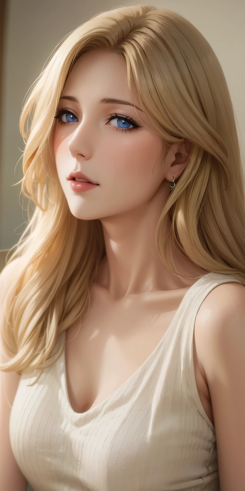 Elegant mature female, milf, blonde hair, blue eyes, soft light, high quality, high detailed, 4k resolution, beautiful cg