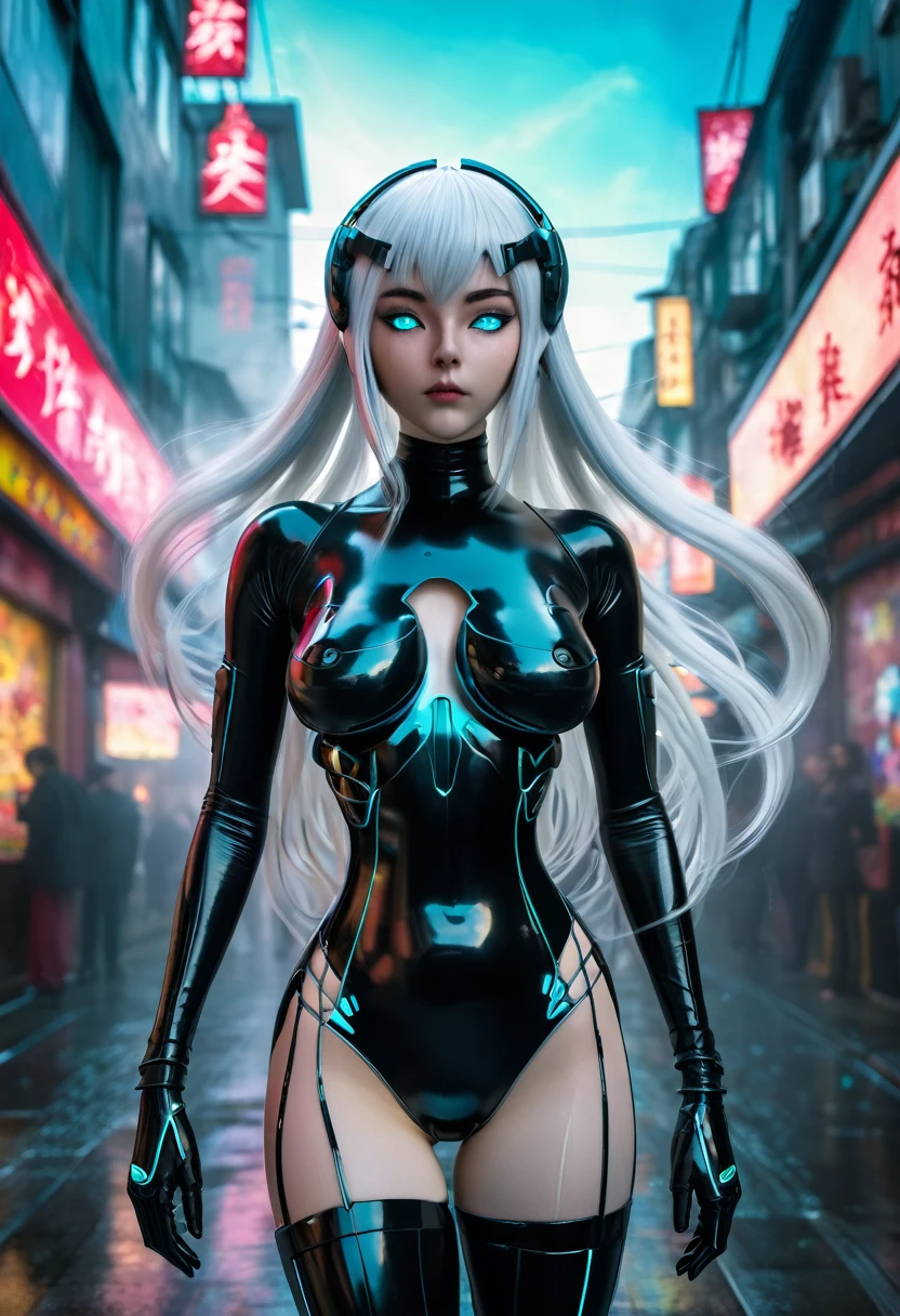 Full-length view. (full-length shot, wide angle, centered, no cropping) AR 9:16 - from 1:2 ((woman in a black linger suit - Ghost in the Shell, porcelain face and head. Long flowing white hair, large turquoise eyes, perfect eyes, best quality)). Visual Kay Fashion, gothic. Yoshitaka Amano, Quentin Mutch, Multicolored Fog. Hannah Yata, fantasy art, megapixels, 8K HDR resolution; volumetric lighting", surreal hallucination, complex detail, sharp focus, wind, cherry petals, Fujifilm, Bokeh. (full-length shot, wide angle, centered, no cropping) - AR 9:16 - from 1:2