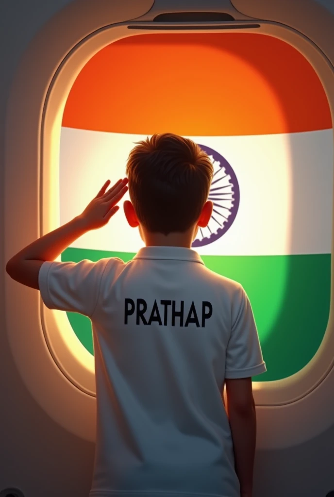 Indian Flag in height of the Indian flight one boy flag salute in right hand that boy wear white colour shirt back side of the shirt named PRATHAP