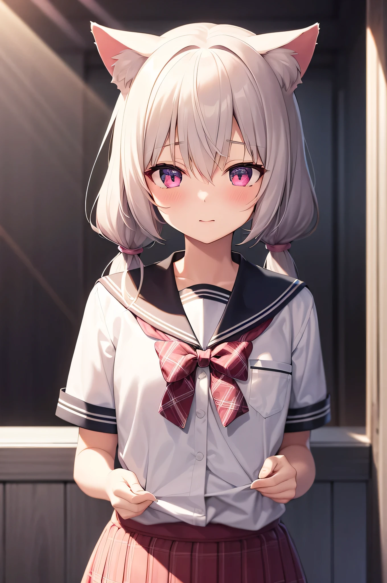 1girl, (upper body:1.3), cat girl, Cat ears, grey hair, streaked hair, pink hair, long hair, hair between eyes, twintails, sailor collar,
highly_detailed, extremely_detailed_CG_unity_8k_wallpaper, highres, absurdres, beautiful_detailed_eyes, finely_detailed_clothing, finely_detailed_light, highly_detail_hair_,
colorful, light rays, caustics, aistics, lens flare, bokeh, nsfw, flat-chested, pink eyes, White silk, JK Uniform Plaid Skirt, school uniform, Light pink mini skirt, blush,
score_anime, score_9, score_8_up, masterpiece, beautiful scenery, illustration
