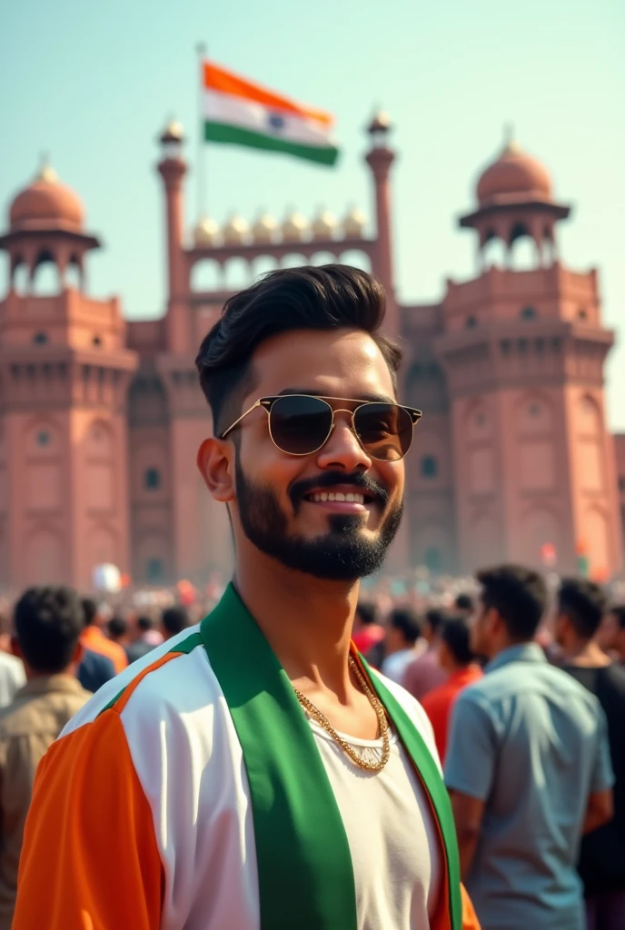 Indian 25 years old boy with beard & sunglasses independence day background lal kila images