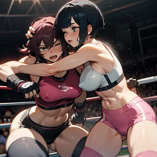 their punches are hitting to each other's cheeks. they are beating each other so hard. two bloody beautiful Japanese female heavyweight fighters are looking at each eyes. survival battle. dynamic exciting action in the octagon fighting ring. whole body picture. they are covered in scars and bruises. they are damaged terribry. Short-cut black hair, out of breath, drooling from mouth, one eye closed, exhausted, drenched in sweat. Erect nipples. open finger glove. Ragged white and pink sports bra, high leg panty, Stockings. armwarmers. Whittled waistline, Muscular, six pack abs, very thick arms and thighs, super huge tits.
