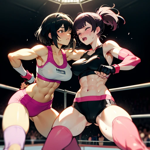 their punches are hitting to each other's cheeks. they are beating each other so hard. two bloody beautiful Japanese female heavyweight fighters are looking at each eyes. survival battle. dynamic exciting action in the octagon fighting ring. whole body picture. they are covered in scars and bruises. they are damaged terribry. Short-cut black hair, out of breath, drooling from mouth, one eye closed, exhausted, drenched in sweat. Erect nipples. open finger glove. Ragged white and pink sports bra, high leg panty, Stockings. armwarmers. Whittled waistline, Muscular, six pack abs, very thick arms and thighs, super huge tits.
