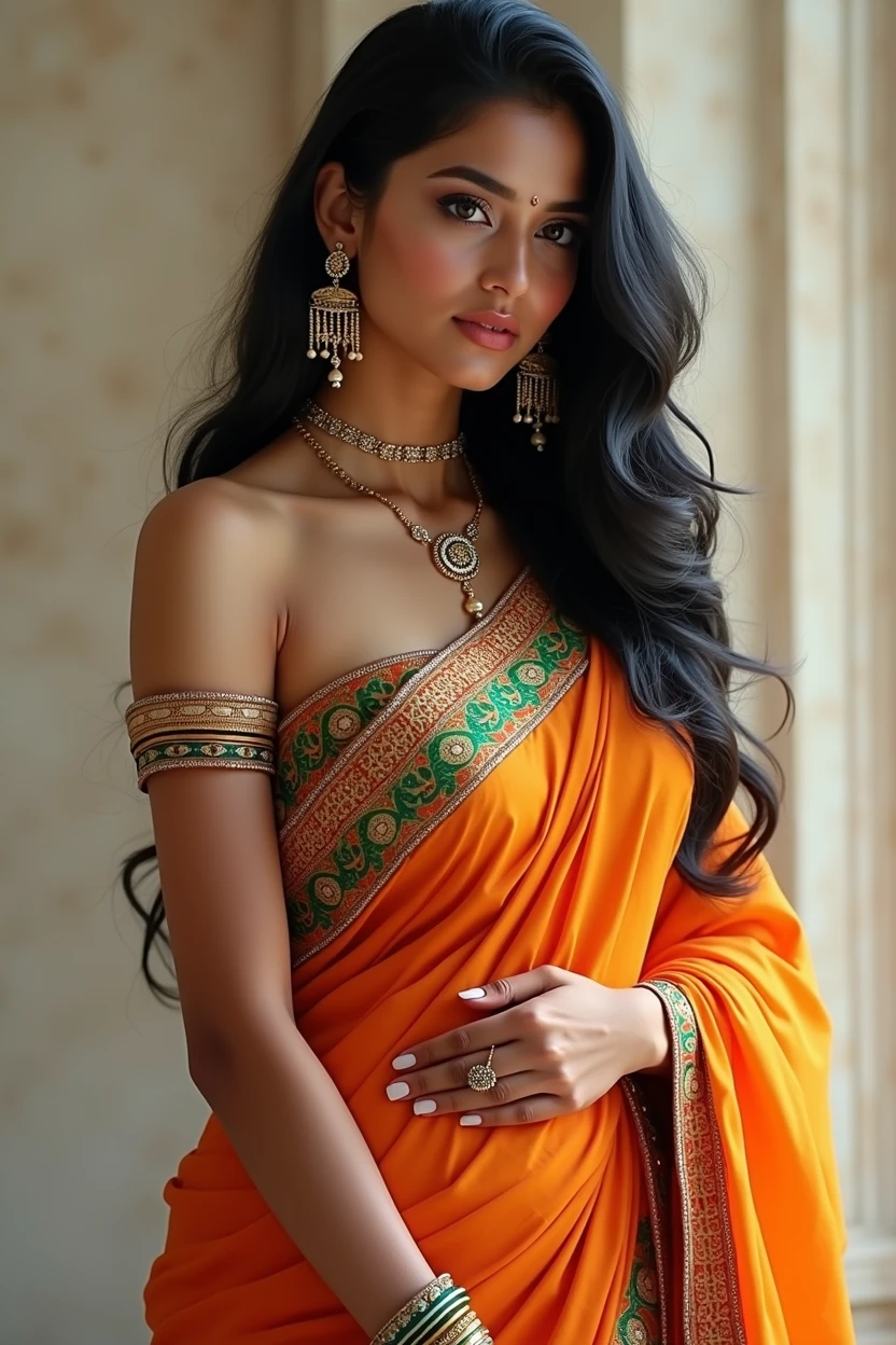 1girl,India girl,wearing saree, wearing earrings,big ,big ass,black hair,hyper realistic, ultra detail, high res,Big boobs, very long hairs. Independence Day theme.