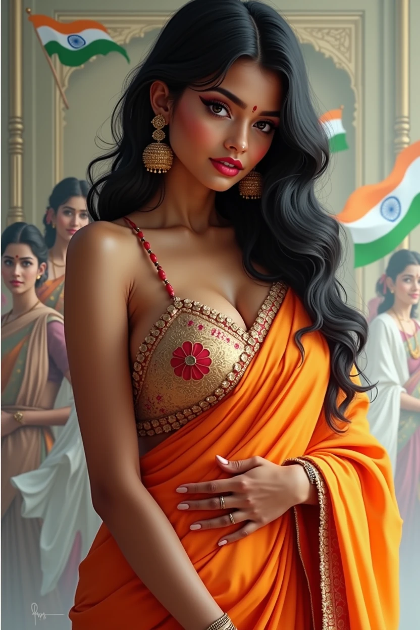 1girl,India girl,wearing saree, wearing earrings,big ,big ass,black hair,hyper realistic, ultra detail, high res,Big boobs, very long hairs. Independence Day theme.