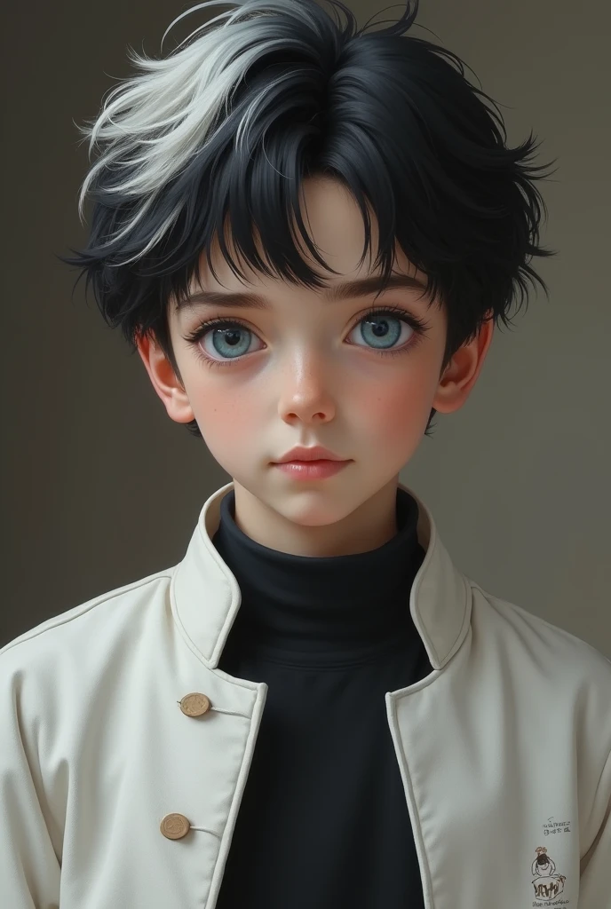 European Italian
15 year old boy with pale white skin, blue eyes, black hair with a lock of white hair, serene and calm look, wearing a white jacket with a black shirt