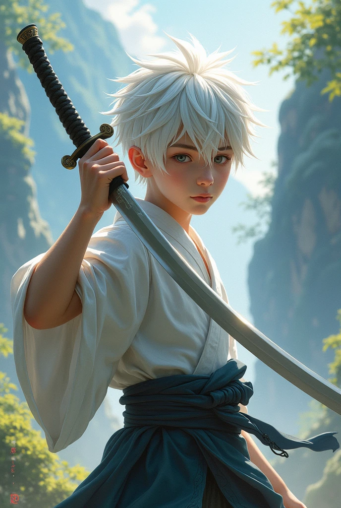 Make a white-haired boy wielding a katana